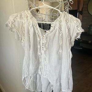 Free People White Flutter Sleeve Blouse with Bib Collar